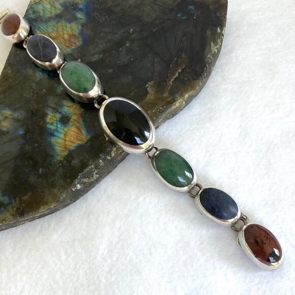 VTG Sterling Silver 925 Taxco Mexico Chunky Multi Gemstone Oval Link Bracelet - Picture 5 of 16